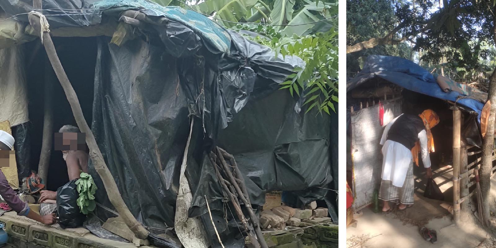 Volunteers leave bags of vegetables at the entrance of homes